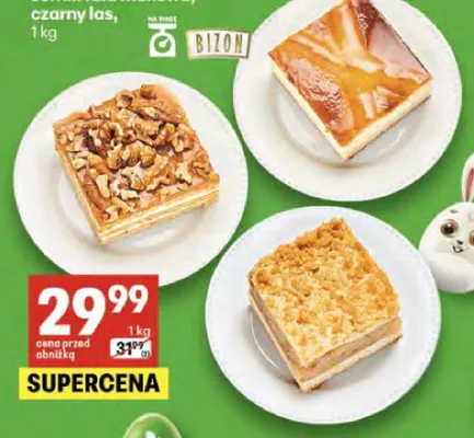 Ciasto: sernik ryska, tofinka, szarlotka, orzechowiec, truskawka z galaretką, rolada śmietanowo-porzeczkowa, sernik fala makowa, czarny las promocja w Delikatesy Centrum