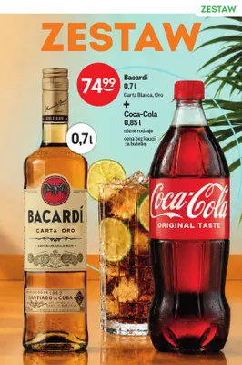 Zestaw Rum Bacardi Carta Blanca 0,7 l + Napój gazowany Coca-Cola 0,85 promocja w Żabka