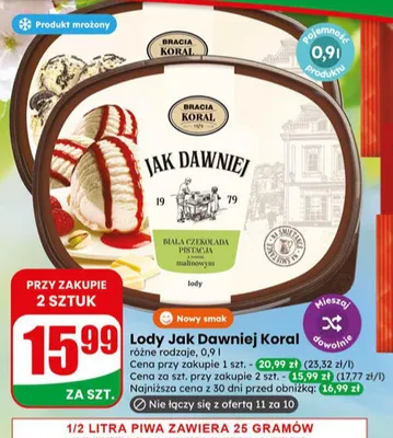 Lody Jak Dawniej Bracia Koral biała czekolada pistacja z sosem malinowym promocja w Dino