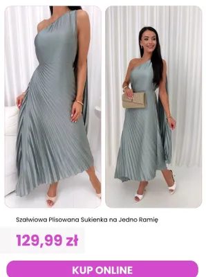 Sukienka plisowana na jedno ramię szałwiowa ModnaKiecka.pl promocja w Modna Kiecka