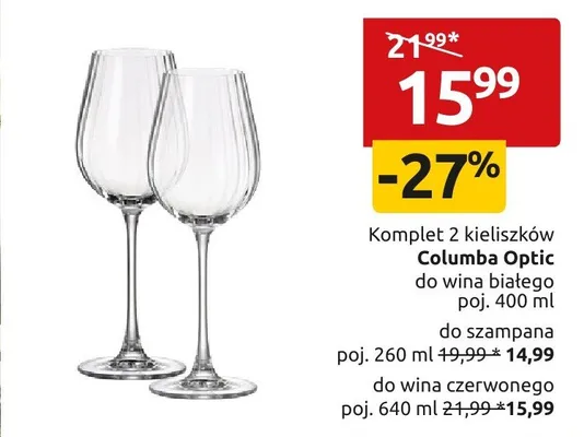 Komplet 2 kieliszków Columba Optic do wina białego poj. 400 ml promocja w Black Red White