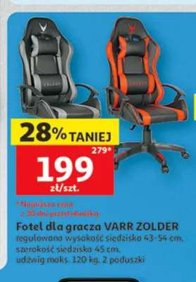 Fotel dla gracza VARR ZOLDER regulowana wysokość siedziska 43-54cm szerokość siedziska 45cm udźwig maks. 120kg 2 poduszki promocja w Auchan