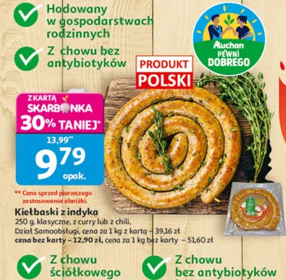 Kiełbaski z indyka klasyczne, z curry lub z chili promocja w Auchan