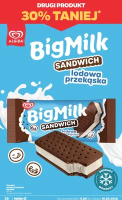Lody kanapka lodowa przekąska Big Milk Sandwich Algida promocja w Netto