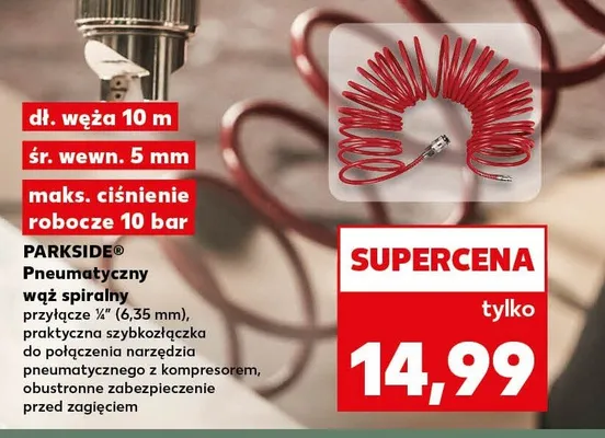 Pneumatyczny wąż spiralny PARKSIDE dł. węża 10m śr. wewn. 5mm maks. ciśnienie robocze 10 bar promocja w Kaufland