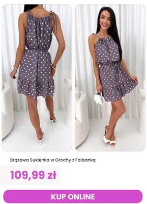Sukienka brązowa w grochy z falbanką promocja w Modna Kiecka