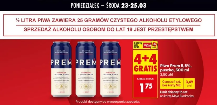 Piwo Prem 5,5% 4+4 GRATIS promocja w Biedronka
