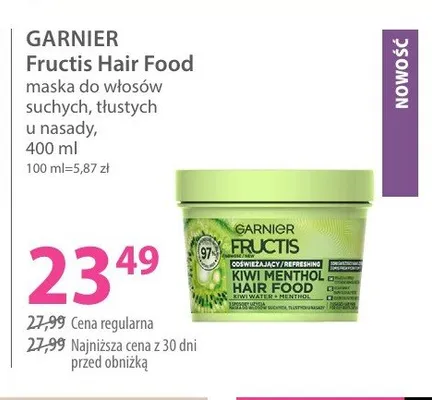 Maska do włosów suchych, tłustych u nasady Garnier Fructis Hair Food Kiwi Menthol promocja w Hebe