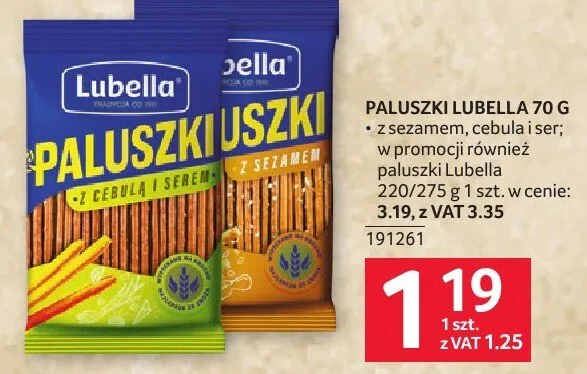 Paluszki Lubella 70g z sezamem, cebulą i serem; w promocji również paluszki Lubella 220/275g 191261 promocja w Selgros