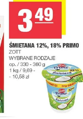 Śmietana 12%, 18% Primo Zott promocja w SPAR