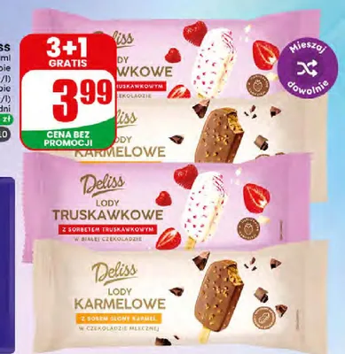 Lody na patyku truskawkowe Deliss promocja w Dino
