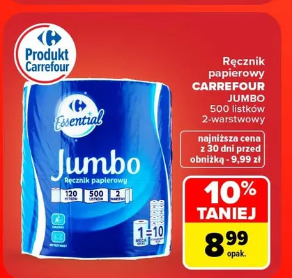 Ręcznik papierowy Carrefour Jumbo 500 listków 2-warstwowy promocja w Carrefour Market