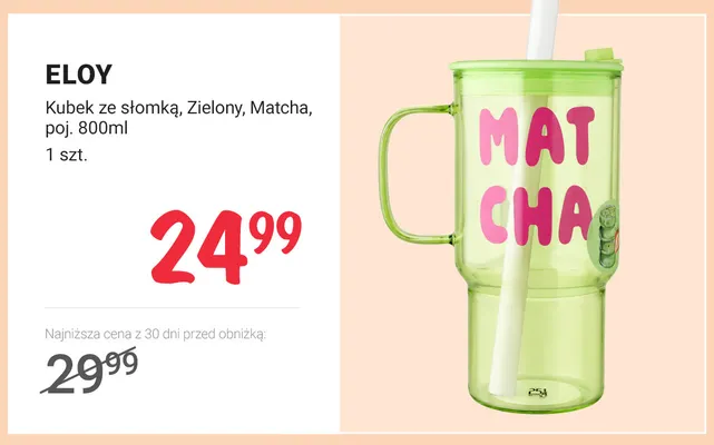 Kubek ze słomką zielony Matcha 800 ml Eloy promocja w Rossmann