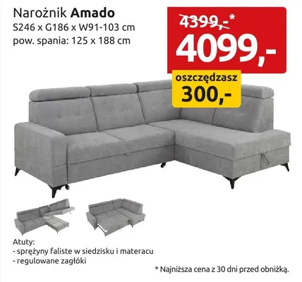 Narożnik Amado S246xG186xW91-103cm pow. spania 125x188cm promocja w Black Red White