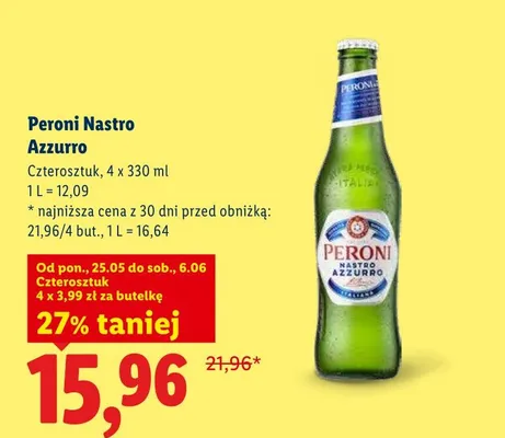 Piwo Peroni Nastro Azzurro 4-pak 330ml promocja w Lidl