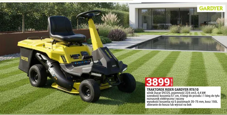 Traktorek rider GARDYER RT610 silnik Ducar DV225 pojemność 224 cm3 4,4kW szerokość koszenia 61cm 4 biegi do przodu i 1 bieg do tyłu rozrusznik elektryczny i ręczny wysokość koszenia na 5 poziomach 35-75mm kosz 150l zbieranie do kosza lub wyrzut na bok promocja w Merkury Market