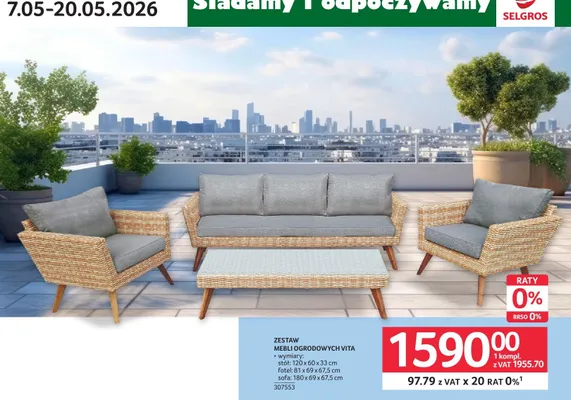 Zestaw mebli ogrodowych VITA stół 120x60x33cm, fotel 81x69x67,5cm, sofa 180x69x67,5cm 307553 promocja w Selgros