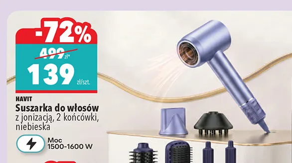 Suszarka do włosów z jonizacją 2 końcówki niebieska Havit promocja w Biedronka