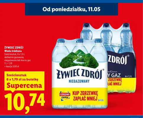 Woda źródlana Żywiec Zdrój mocny gaz 6-pak 1.5l promocja w Lidl