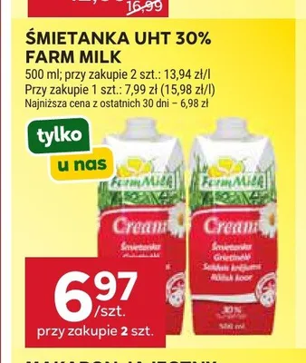 Śmietanka UHT 30% Farm Milk promocja w Stokrotka