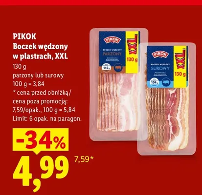 Boczek wędzony surowy w plastrach Pikok XXL promocja w Lidl