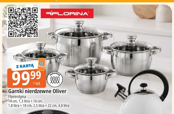 Garnki nierdzewne Oliver Florentyna 14cm 1,3 litra + 16cm 1,8 litra + 18cm 2,5 litra + 22cm 4,8 litra promocja w Leclerc