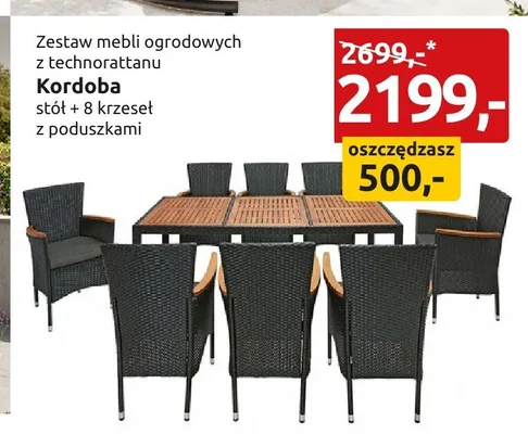 Zestaw mebli ogrodowych z technorattanu Kordoba stół + 8 krzeseł z poduszkami promocja w Black Red White