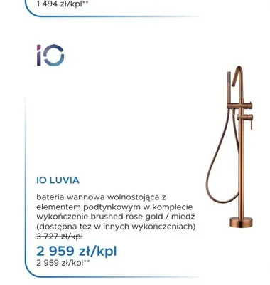 Bateria wannowa wolnostojąca Io Luvia brushed rose gold miedź promocja w Blu Salony Łazienek