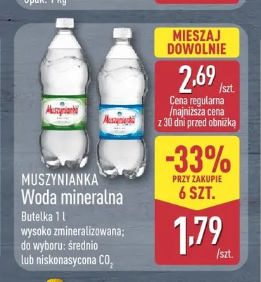 Woda mineralna gazowana Muszynianka niskonasycona CO2 promocja w Aldi