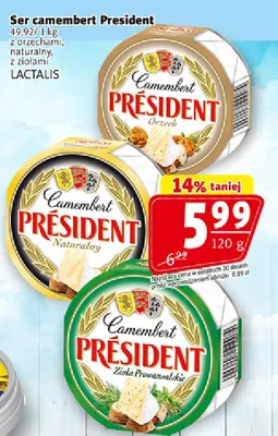 Ser camembert President z orzechami, naturalny, z ziołami promocja w Prim Market
