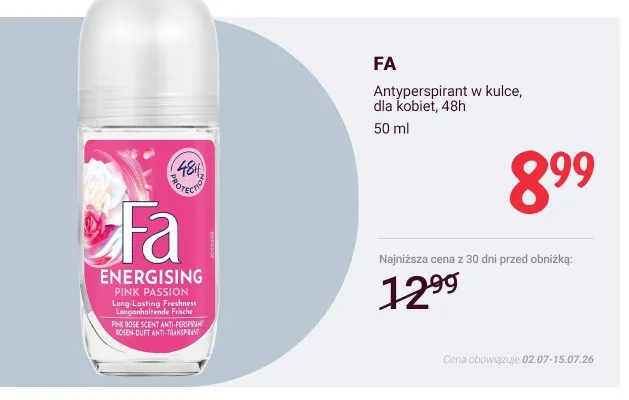 Antyperspirant w kulce dla kobiet Fa Energising Pink Passion promocja w Rossmann