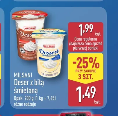 Deser z bitą śmietaną Milsani promocja w Aldi