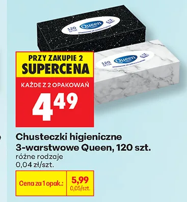 Chusteczki higieniczne 3-warstwowe Queen promocja w Biedronka
