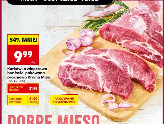 Karkówka wieprzowa bez kości pakowana próżniowo Kraina Mięs promocja w Biedronka