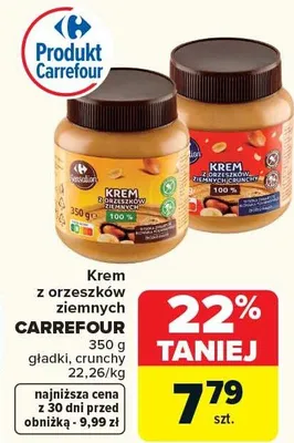 Krem z orzeszków ziemnych Carrefour gładki, crunchy promocja w Carrefour Market