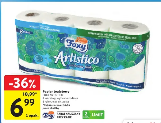 Papier toaletowy Foxy Artistico naturalnie biały 2-warstwowy promocja w Intermarche