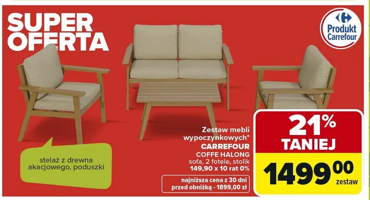 Zestaw mebli wypoczynkowych Carrefour Coffe Halong stelaż z drewna akacjowego, poduszki sofa, 2 fotele, stolik promocja w Carrefour