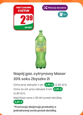 Napój gazowany cytrynowy Maxer Citro 20% soku Zbyszko promocja w Dino