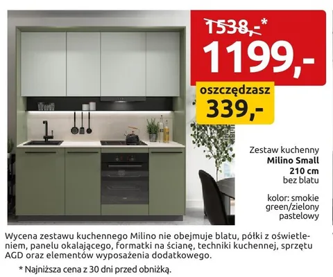 Zestaw kuchenny Milino Small 210cm bez blatu smokie green/zielony pastelowy promocja w Black Red White