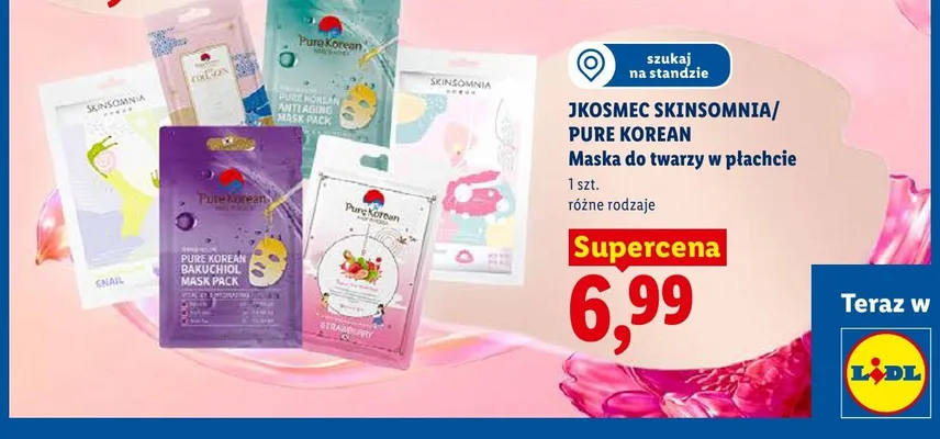 Maska do twarzy w płachcie JKOSMEC SKINSOMNIA/PURE KOREAN promocja w Lidl