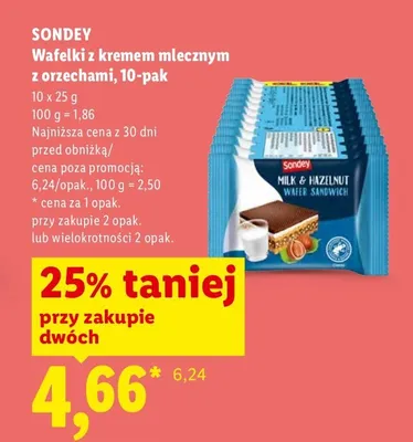 Wafelki Sondey z kremem mlecznym z orzechami 10-pak promocja w Lidl