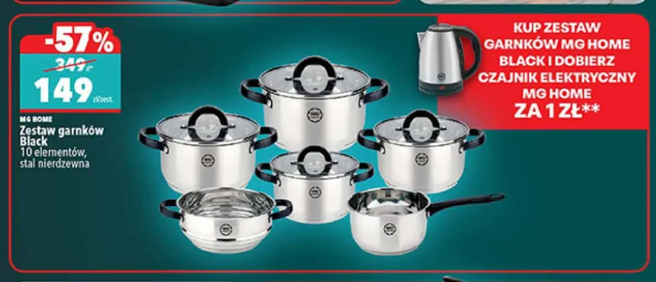 Zestaw garnków Black 10 elementów ze stali nierdzewnej Mg Home promocja w Biedronka