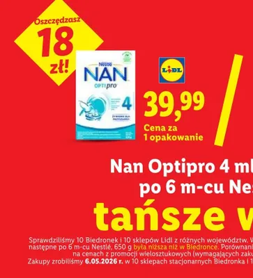 Mleko następne po 6m-cu Nan Optipro 4 Nestlé promocja w Lidl