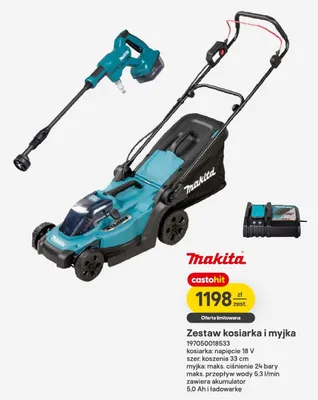 Zestaw kosiarka i myjka 197050018533 kosiarka: napięcie 18V szer. koszenia 33cm myjka: maks. ciśnienie 24 bary maks. przepływ wody 5,3l/min zawiera akumulator 5,0Ah i ładowarkę promocja w Castorama
