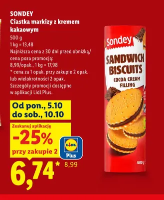 Ciastka markizy z kremem kakaowym Sondey promocja w Lidl