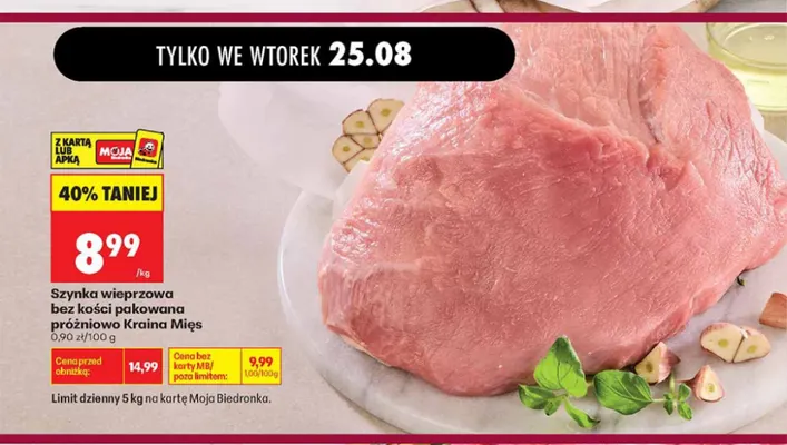 Szynka wieprzowa bez kości pakowana próżniowo Kraina Mięs promocja w Biedronka
