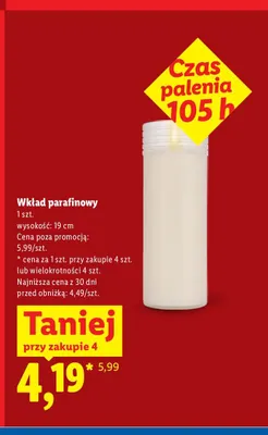 Wkład parafinowy czas palenia 105h promocja w Lidl