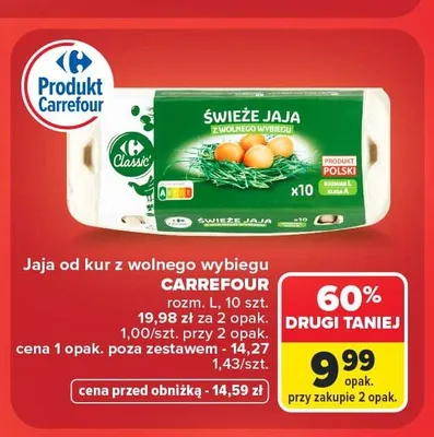 Jaja od kur z wolnego wybiegu Carrefour Classic promocja w Carrefour