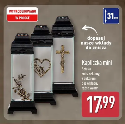 Znicz szklany Kapliczka mini z dekorem róża 31 cm promocja w Aldi