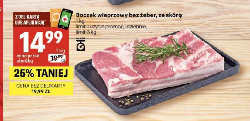 Boczek wieprzowy bez żeber ze skórą promocja w Delikatesy Centrum